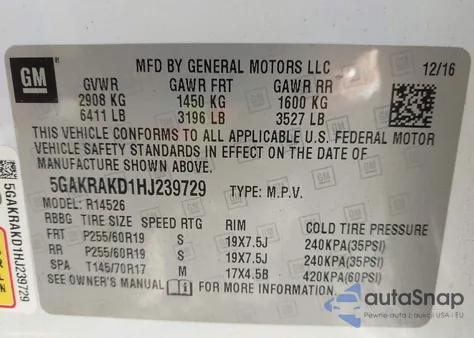2017 Buick Enclave Convenience from USA, damaged, VIN 5GAKRAKD1HJ239729